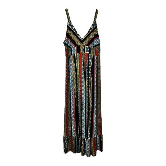 Tahari Tile Stripe Maxi Dress Small Boho Festival Stretch Jersey Black Multi - Picture 2 of 7